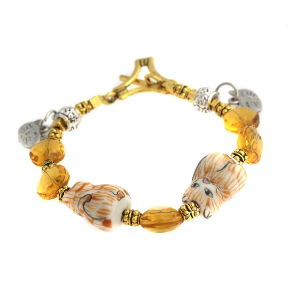 QVC Gold Over Cat Charm & Beaded Bracelet - new!
